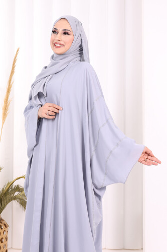 Taş İşleme Detaylı Abayalı Elbise Takım 8500 Gri - 6