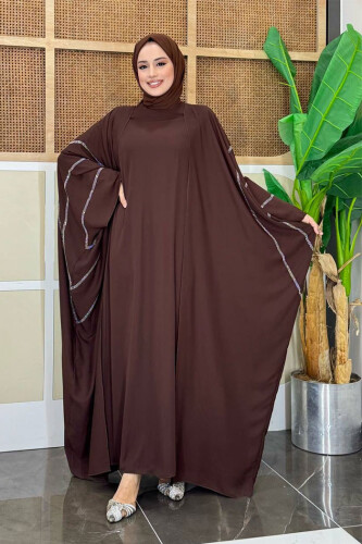Taş İşleme Detaylı Abayalı Elbise Takım 8500 Kahverengi - Bym Fashion