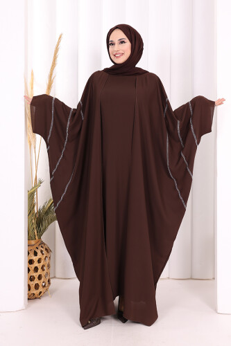 Taş İşleme Detaylı Abayalı Elbise Takım 8500 Kahverengi 
