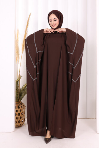 Taş İşleme Detaylı Abayalı Elbise Takım 8500 Kahverengi - 2