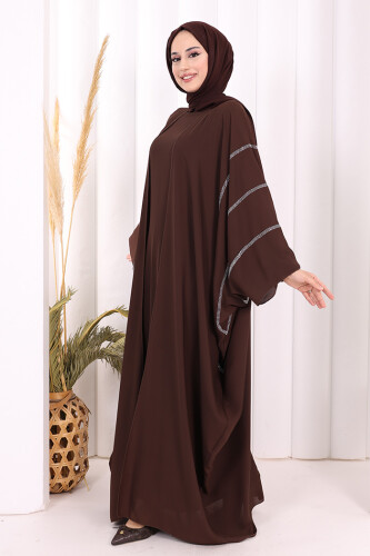 Taş İşleme Detaylı Abayalı Elbise Takım 8500 Kahverengi - 3