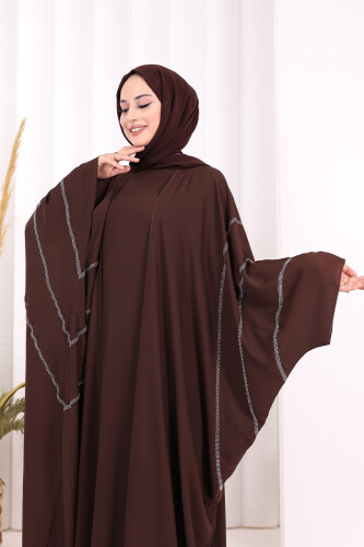 Taş İşleme Detaylı Abayalı Elbise Takım 8500 Kahverengi - 5