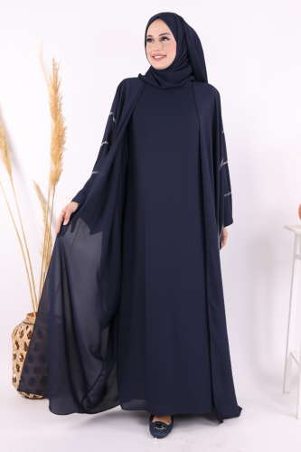 Taş İşleme Detaylı Abayalı Elbise Takım 8500 Lacivert - Bym Fashion