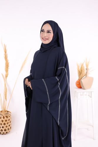 Taş İşleme Detaylı Abayalı Elbise Takım 8500 Lacivert - 5