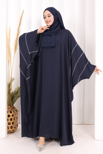 Taş İşleme Detaylı Abayalı Elbise Takım 8500 Lacivert - 2