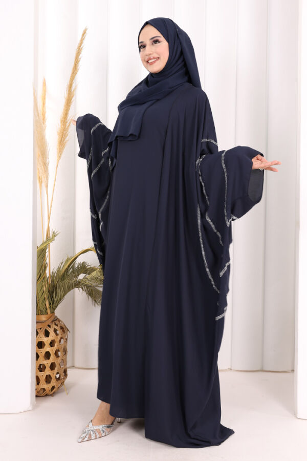 Taş İşleme Detaylı Abayalı Elbise Takım 8500 Lacivert - 3