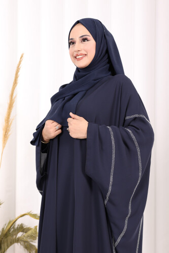 Taş İşleme Detaylı Abayalı Elbise Takım 8500 Lacivert - 5