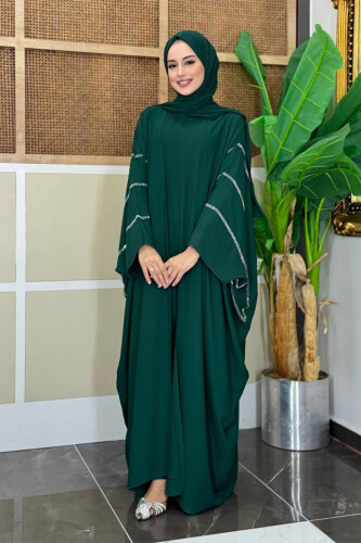 Taş İşleme Detaylı Abayalı Elbise Takım 8500 Zümrüt - Bym Fashion