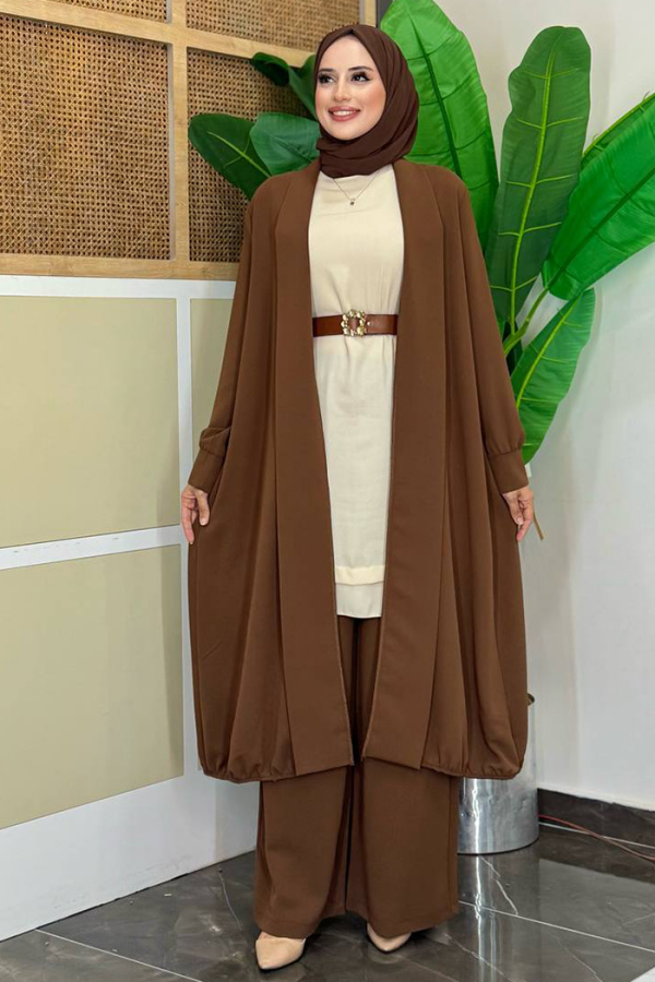 Kimono Bel Lastikli Pantolon Takım 8560 Kahverengi - 1