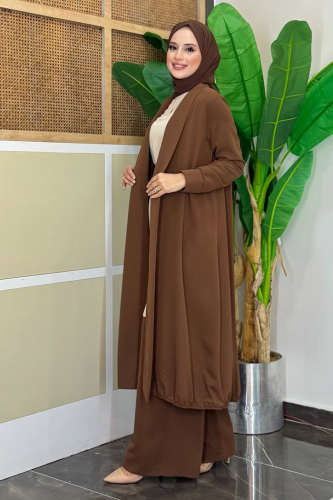 Kimono Bel Lastikli Pantolon Takım 8560 Kahverengi - 3