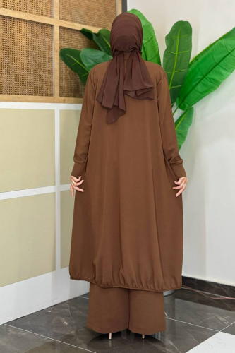 Kimono Bel Lastikli Pantolon Takım 8560 Kahverengi - 2