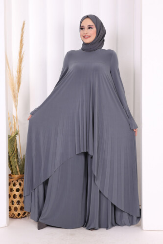Pilise Detaylı Uzun Tunik ve Pantolon İkili Takım 8575 Gri - Bym Fashion
