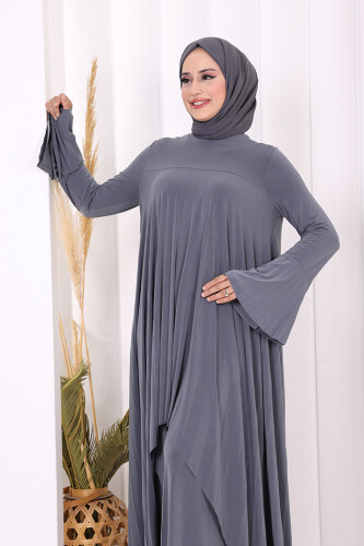 Pilise Detaylı Uzun Tunik ve Pantolon İkili Takım 8575 Gri - 4