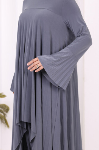 Pilise Detaylı Uzun Tunik ve Pantolon İkili Takım 8575 Gri - 5