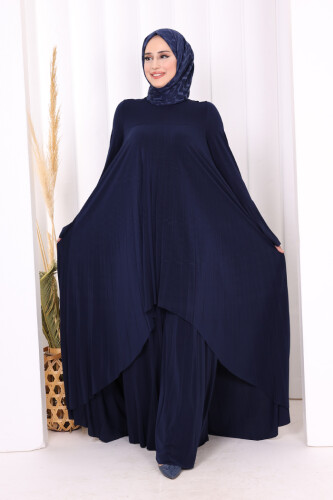 Pilise Detaylı Uzun Tunik ve Pantolon İkili Takım 8575 Lacivert - Bym Fashion