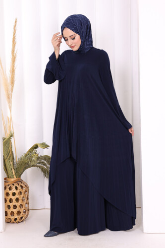 Pilise Detaylı Uzun Tunik ve Pantolon İkili Takım 8575 Lacivert - 2