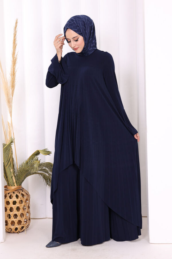 Pilise Detaylı Uzun Tunik ve Pantolon İkili Takım 8575 Lacivert - 2