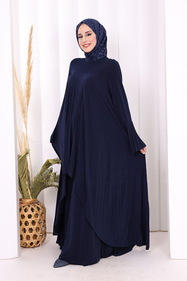 Pilise Detaylı Uzun Tunik ve Pantolon İkili Takım 8575 Lacivert - 3