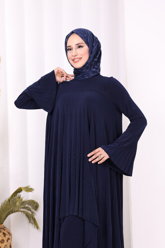 Pilise Detaylı Uzun Tunik ve Pantolon İkili Takım 8575 Lacivert - 5