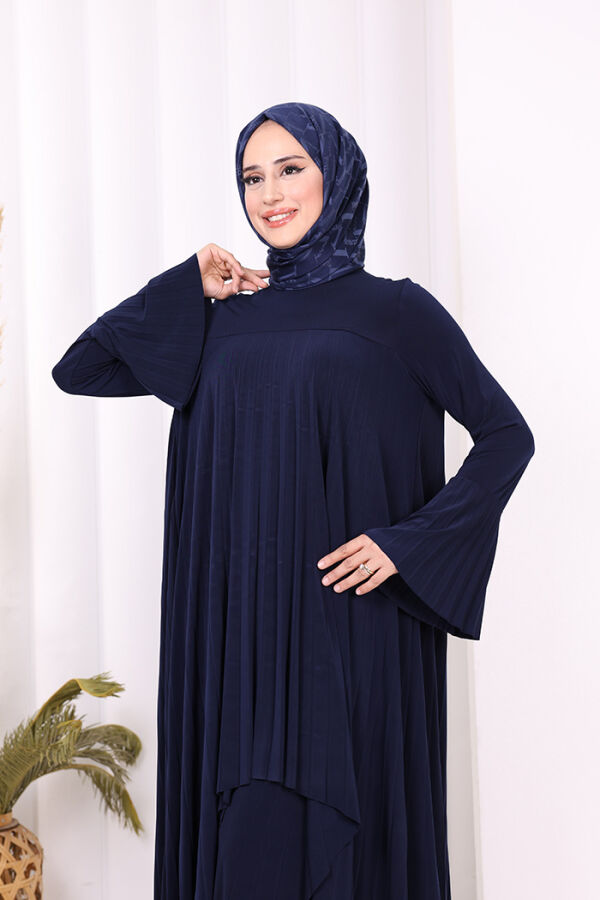 Pilise Detaylı Uzun Tunik ve Pantolon İkili Takım 8575 Lacivert - 5