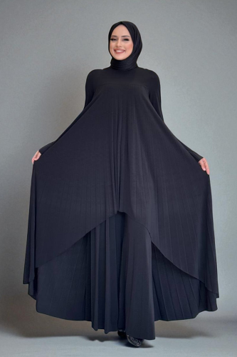 Pilise Detaylı Uzun Tunik ve Pantolon İkili Takım 8575 Siyah 