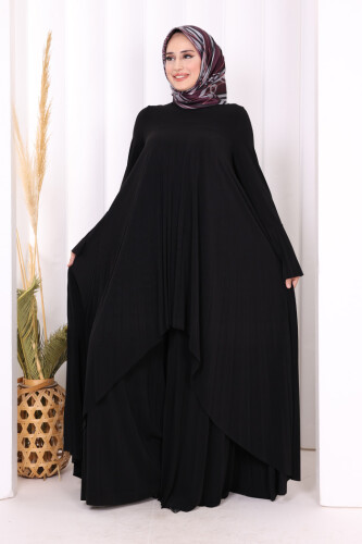 Pilise Detaylı Uzun Tunik ve Pantolon İkili Takım 8575 Siyah - Bym Fashion