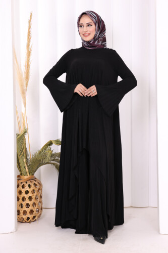 Pilise Detaylı Uzun Tunik ve Pantolon İkili Takım 8575 Siyah - 2