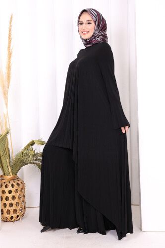 Pilise Detaylı Uzun Tunik ve Pantolon İkili Takım 8575 Siyah - 4