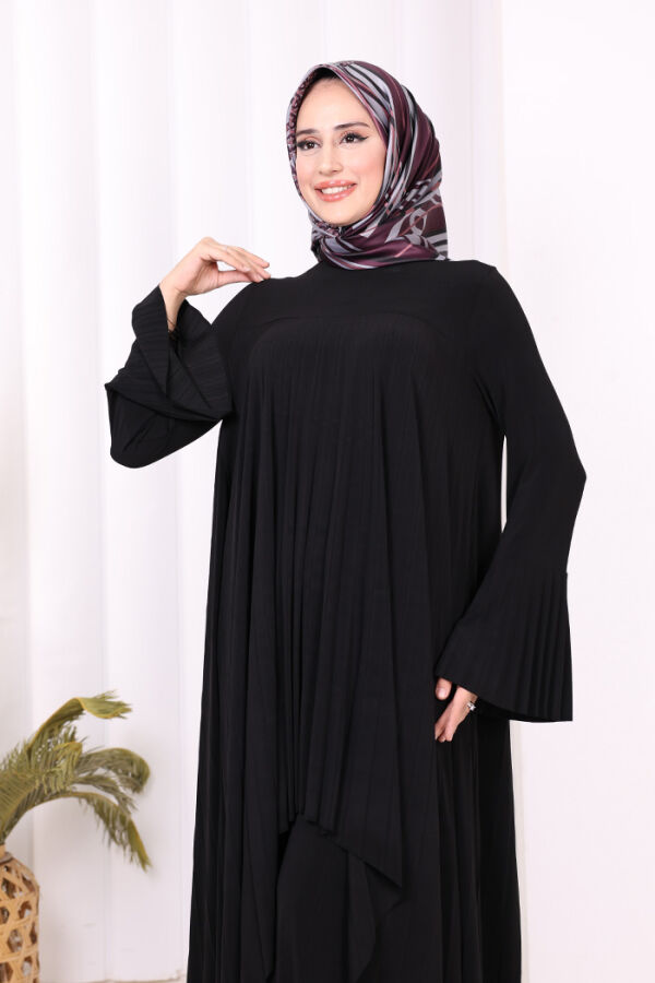 Pilise Detaylı Uzun Tunik ve Pantolon İkili Takım 8575 Siyah - 5