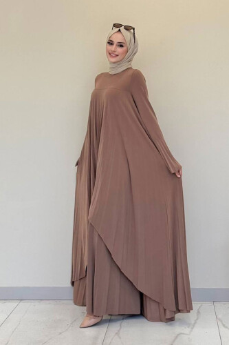Pilise Detaylı Uzun Tunik ve Pantolon İkili Takım 8575 Taba - 3