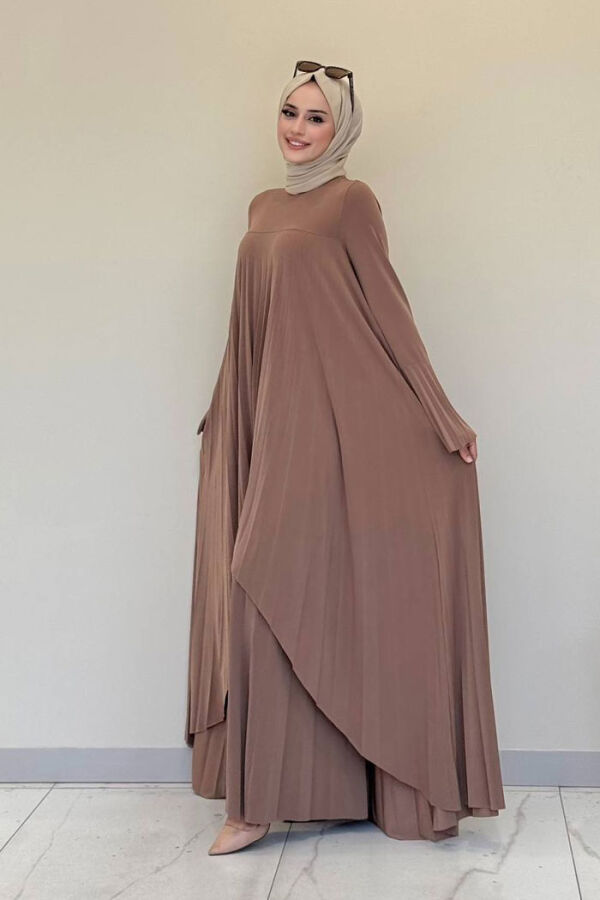 Pilise Detaylı Uzun Tunik ve Pantolon İkili Takım 8575 Taba - 3