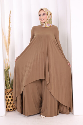 Pilise Detaylı Uzun Tunik ve Pantolon İkili Takım 8575 Taba - Bym Fashion