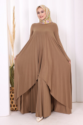 Pilise Detaylı Uzun Tunik ve Pantolon İkili Takım 8575 Taba - 2