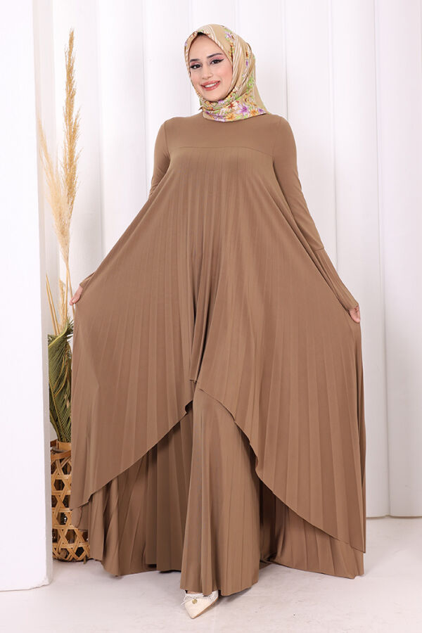 Pilise Detaylı Uzun Tunik ve Pantolon İkili Takım 8575 Taba - 2