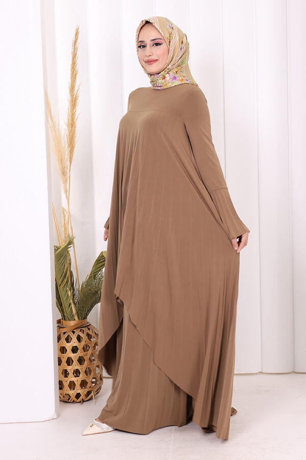 Pilise Detaylı Uzun Tunik ve Pantolon İkili Takım 8575 Taba - 3