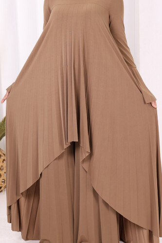 Pilise Detaylı Uzun Tunik ve Pantolon İkili Takım 8575 Taba - 5