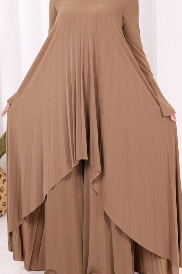 Pilise Detaylı Uzun Tunik ve Pantolon İkili Takım 8575 Taba - 5