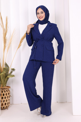 Taş Detaylı Ceket Pantolon İkili Takım 8599 Lacivert