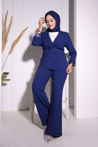 Taş Detaylı Ceket Pantolon İkili Takım 8599 Lacivert - 3