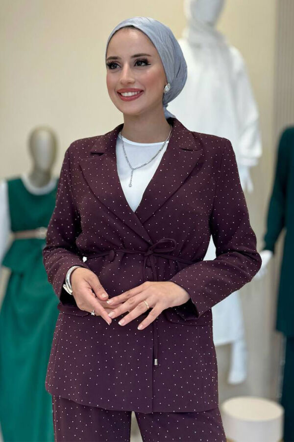 Taş Detaylı Ceket Pantolon İkili Takım 8599 Mürdüm - 4