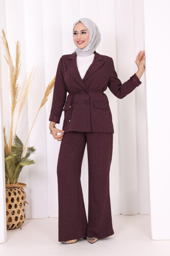 Taş Detaylı Ceket Pantolon İkili Takım 8599 Mürdüm - Bym Fashion