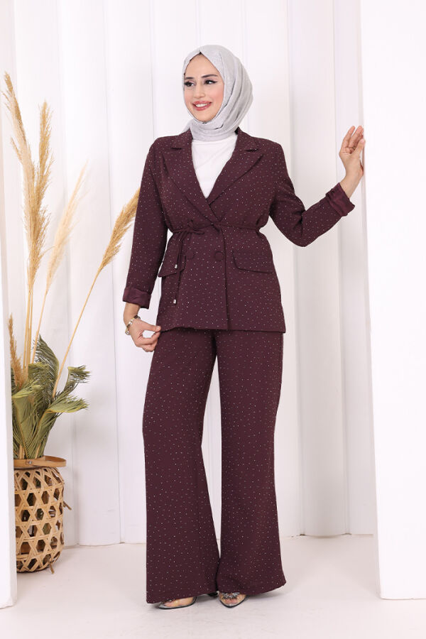 Taş Detaylı Ceket Pantolon İkili Takım 8599 Mürdüm - 1