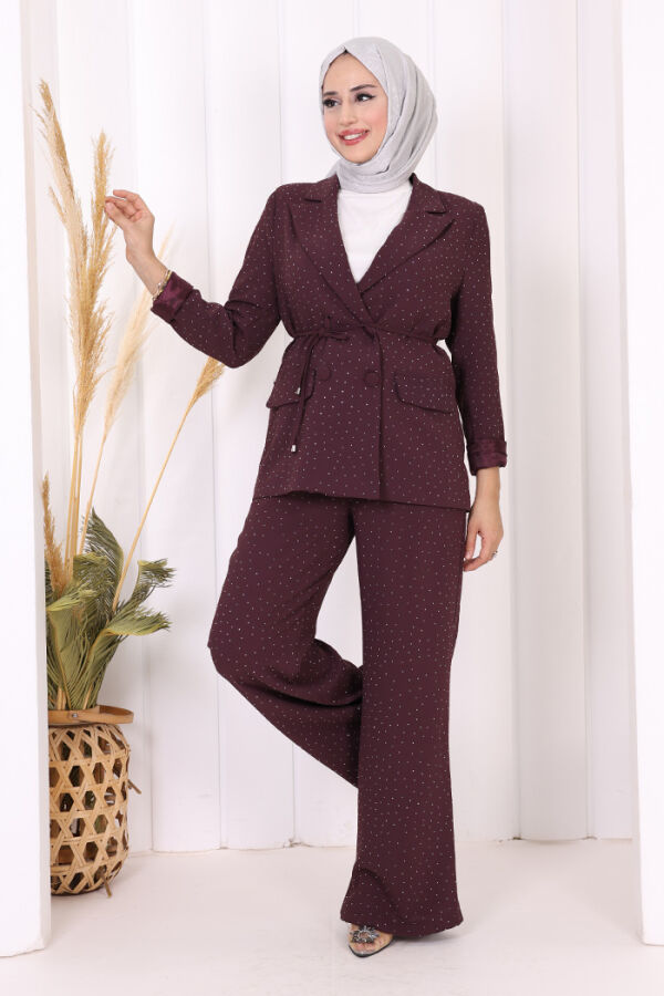 Taş Detaylı Ceket Pantolon İkili Takım 8599 Mürdüm - 2