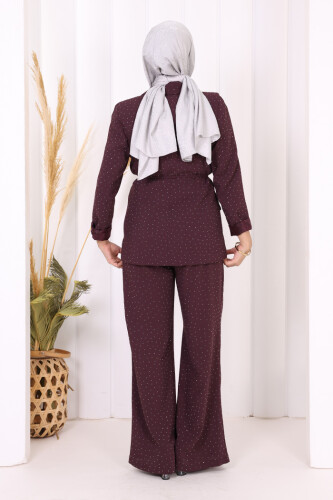 Taş Detaylı Ceket Pantolon İkili Takım 8599 Mürdüm - 3