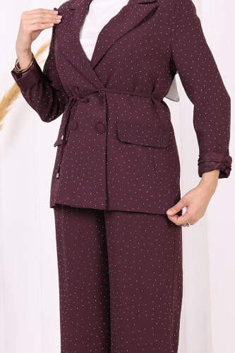 Taş Detaylı Ceket Pantolon İkili Takım 8599 Mürdüm - 5