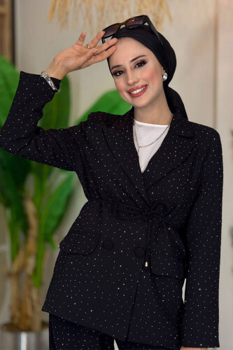 Taş Detaylı Ceket Pantolon İkili Takım 8599 Siyah - 4