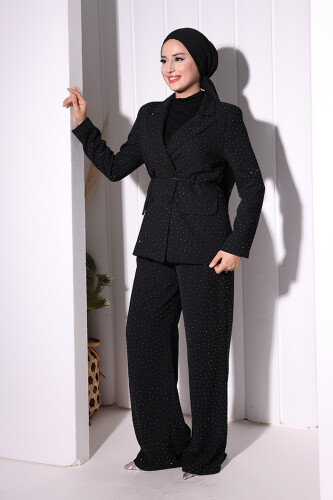 Taş Detaylı Ceket Pantolon İkili Takım 8599 Siyah - Bym Fashion