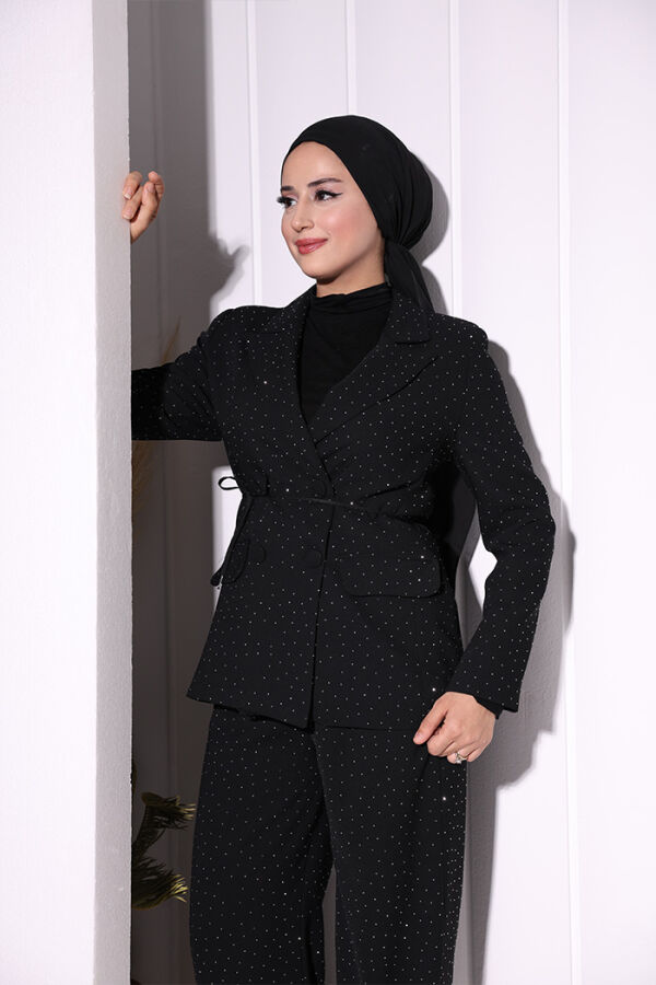 Taş Detaylı Ceket Pantolon İkili Takım 8599 Siyah - 3