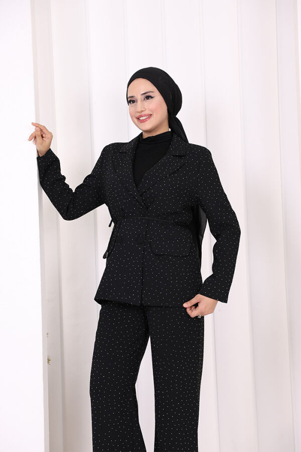 Taş Detaylı Ceket Pantolon İkili Takım 8599 Siyah - 5