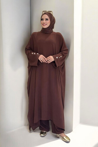 Kol Düğme Detaylı Tunik Pantolon İkili Takım 8688 Kahverengi - Bym Fashion
